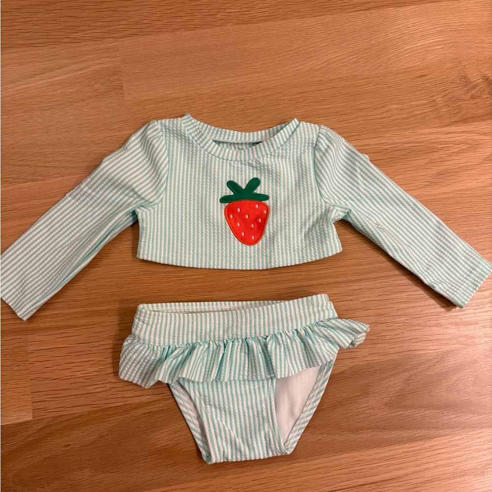 Cat & Jack Two-Piece Swimsuit (mint stripe with strawberry)